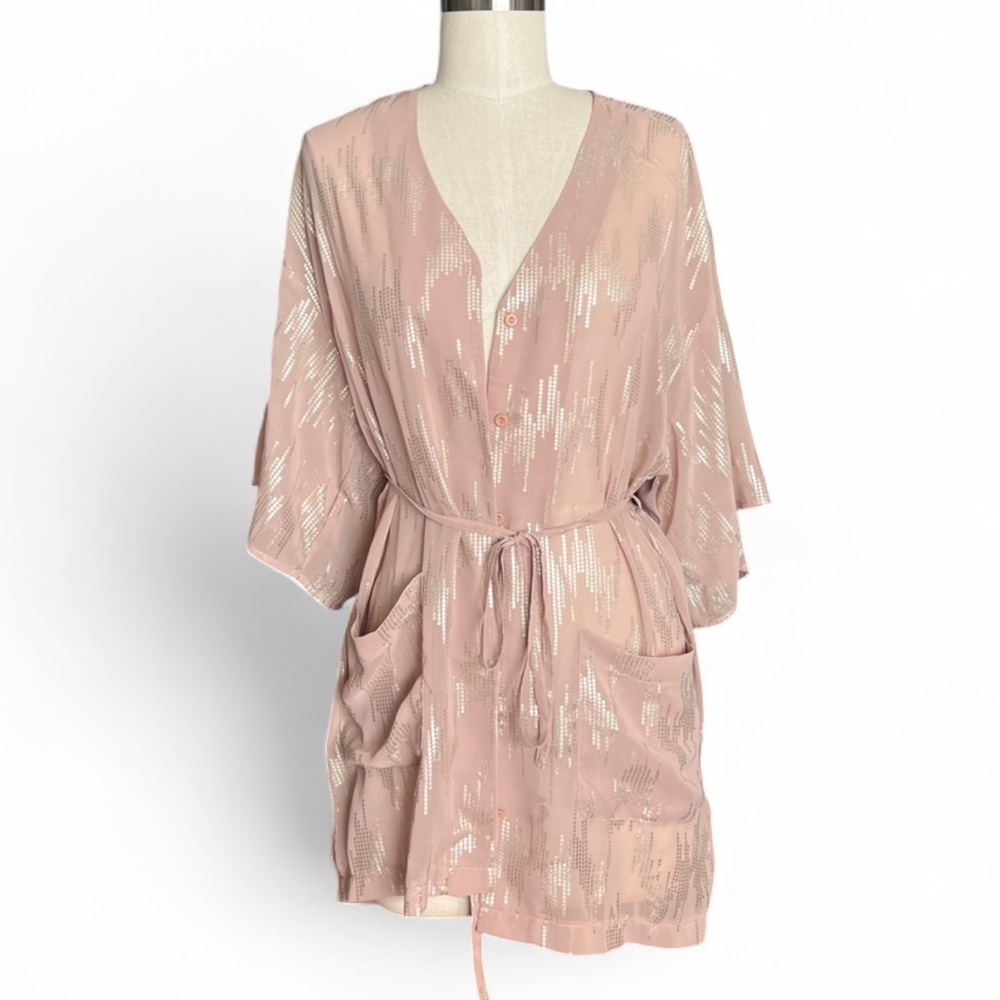 Poema Sheer Blush Pink Sparkly Kimono Sequin Tunic Coverup Robe (fits medium)